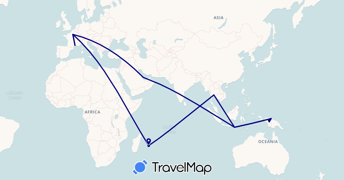 TravelMap itinerary: driving in France, Indonesia, Qatar, Thailand (Asia, Europe)